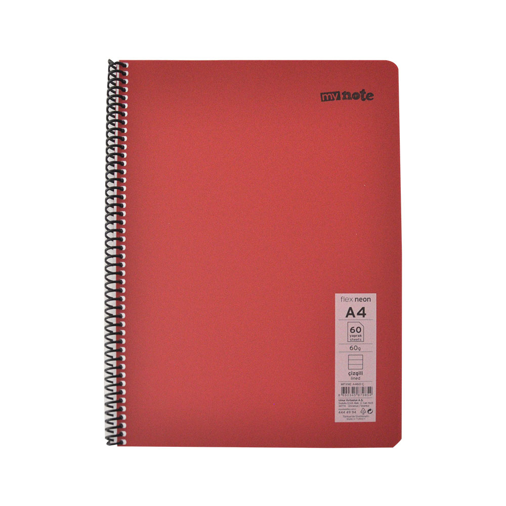 Mynote Flex Neon Defter A4 60 yp Çizgili Spiralli - Bordo