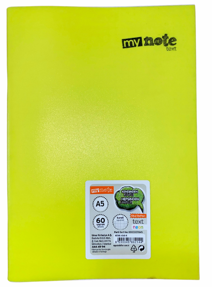 Mynote Text Neon Defter A5 60 Yp Kareli - Sarı