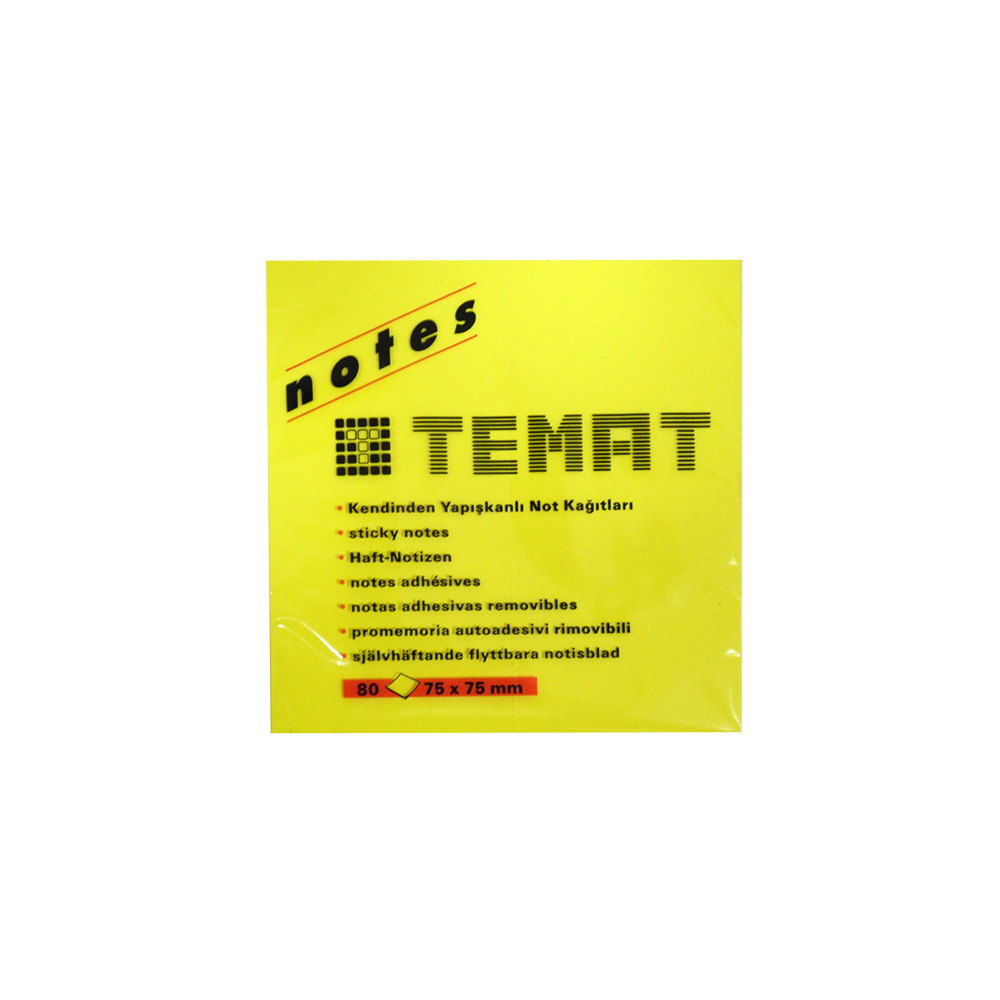 Temat Yapışkanlı Not Kağıdı 75x75mm Fosforlu Sarı 80yp