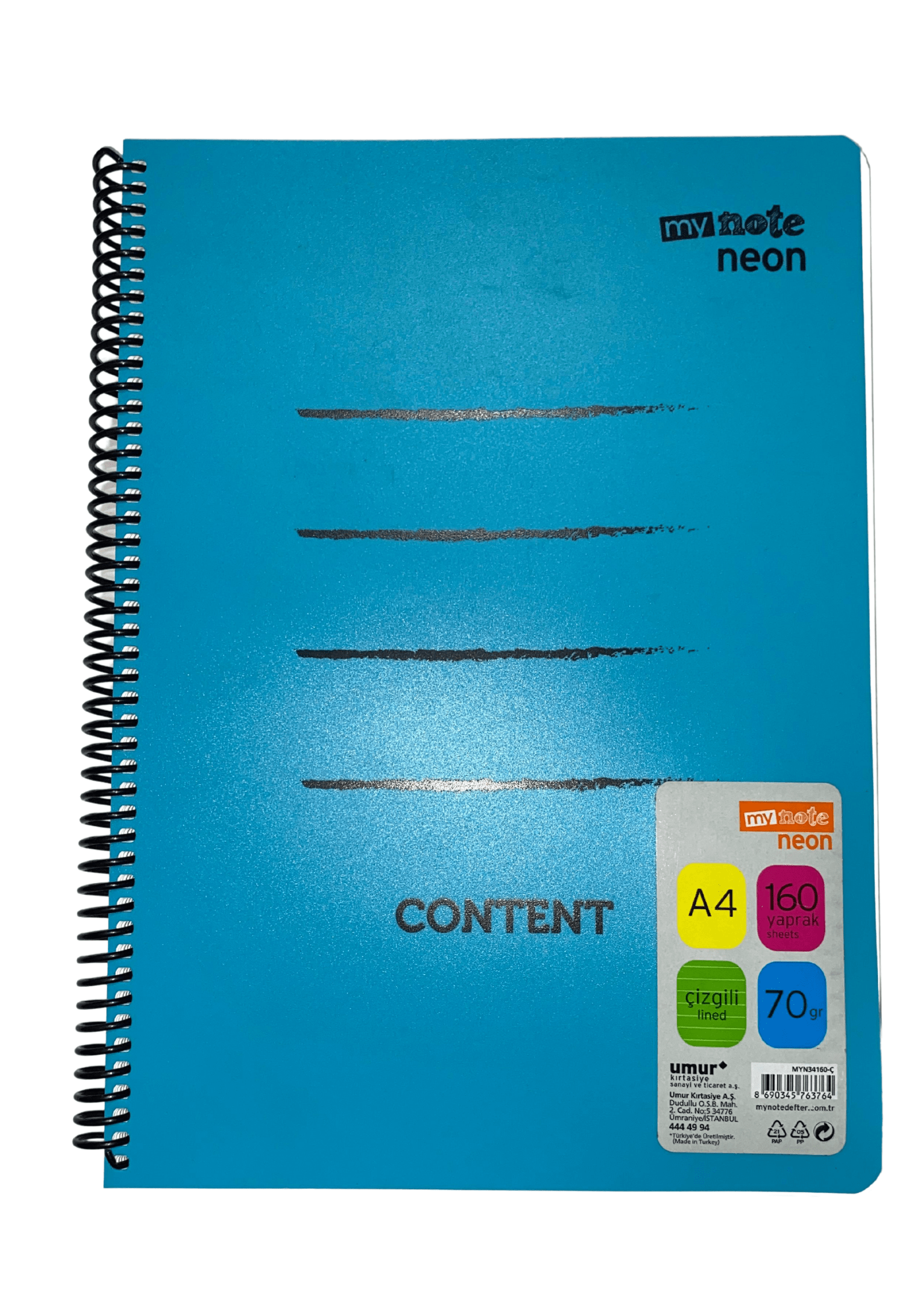 Mynote Neon Defter 160yp A4 Çizgili - Mavi