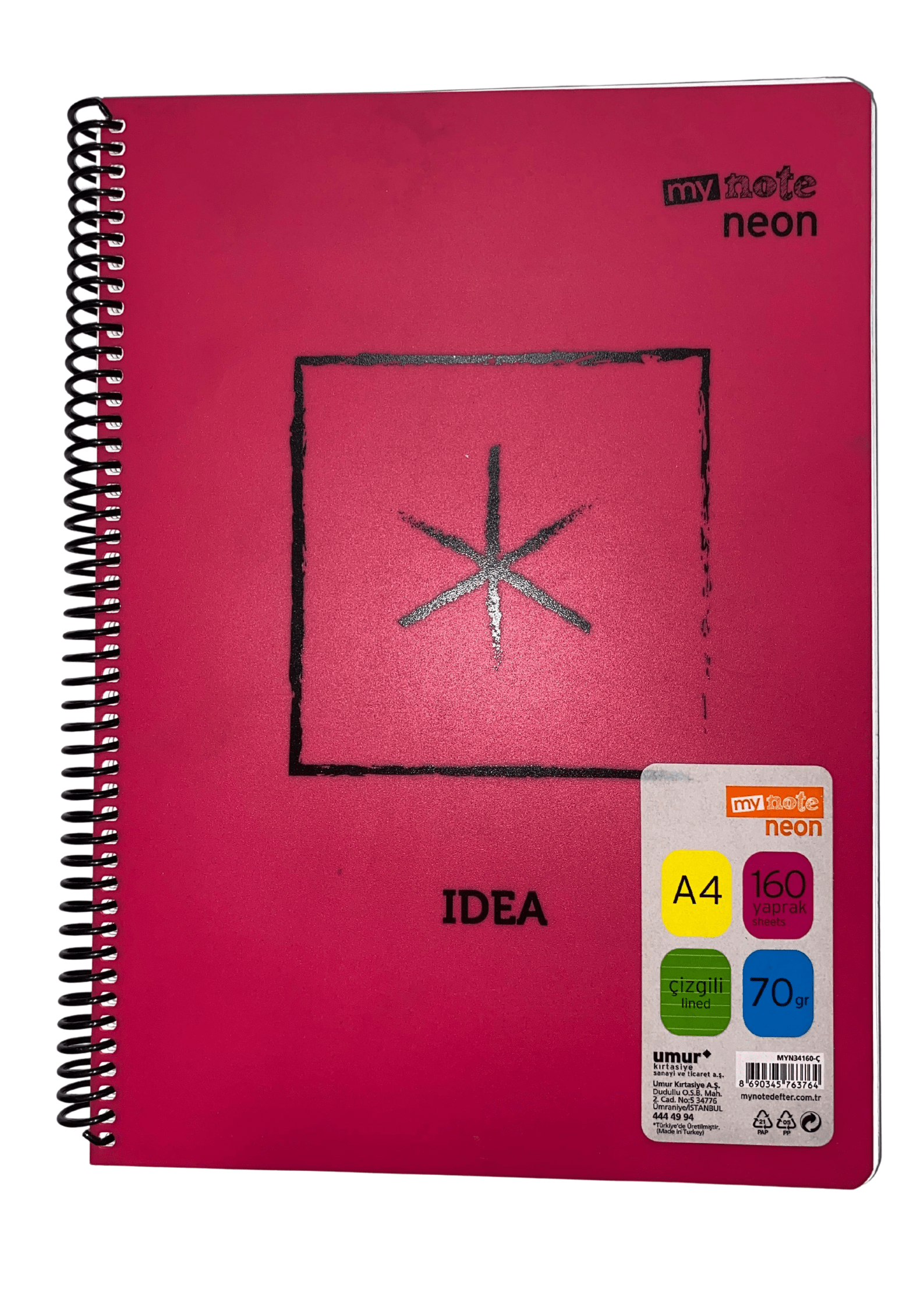 Mynote Neon Defter 160yp A4 Çizgili - Pembe