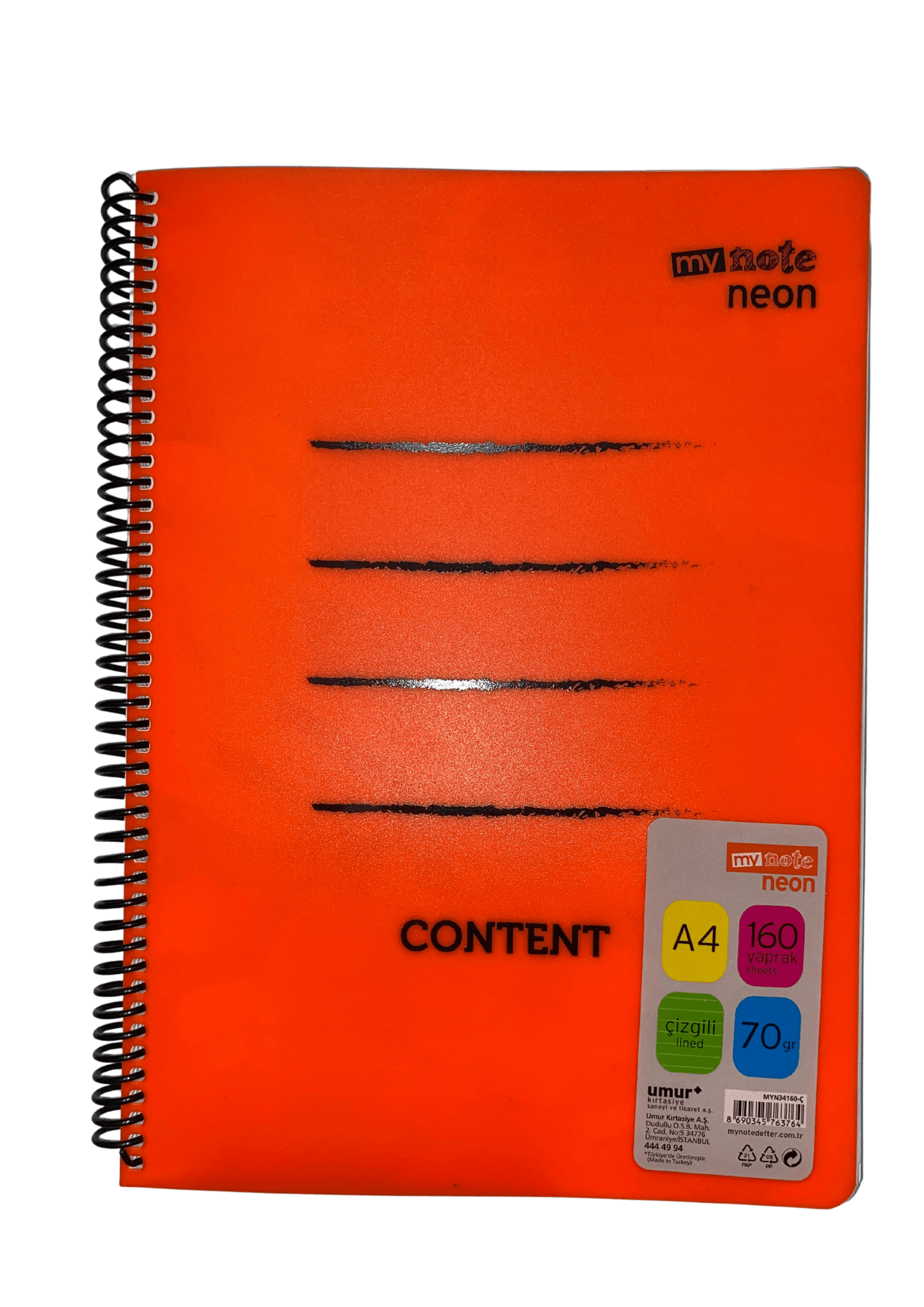 Mynote Neon Defter 160yp A4 Çizgili - Turuncu