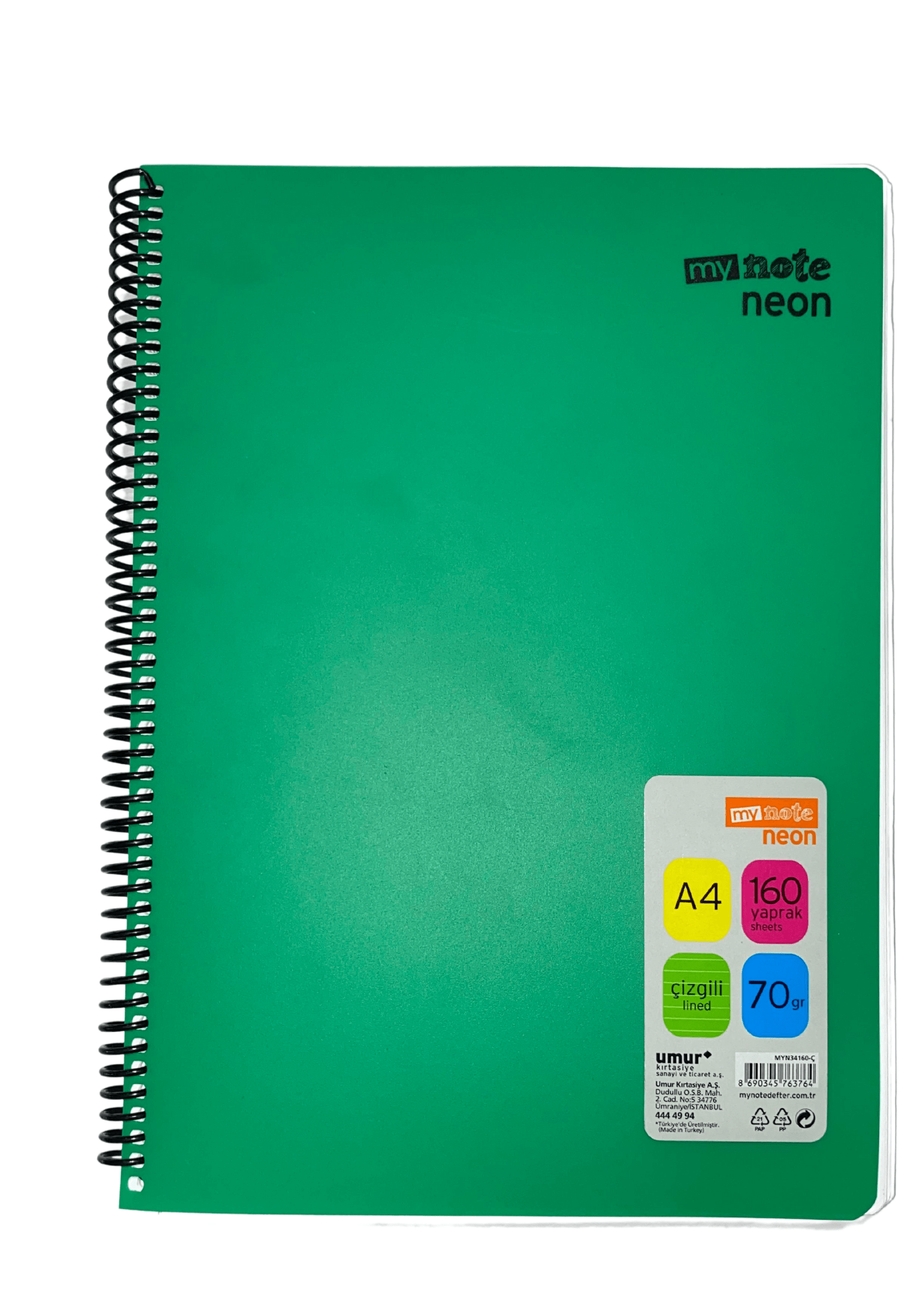 Mynote Neon Defter 160yp A4 Çizgili - Yeşil