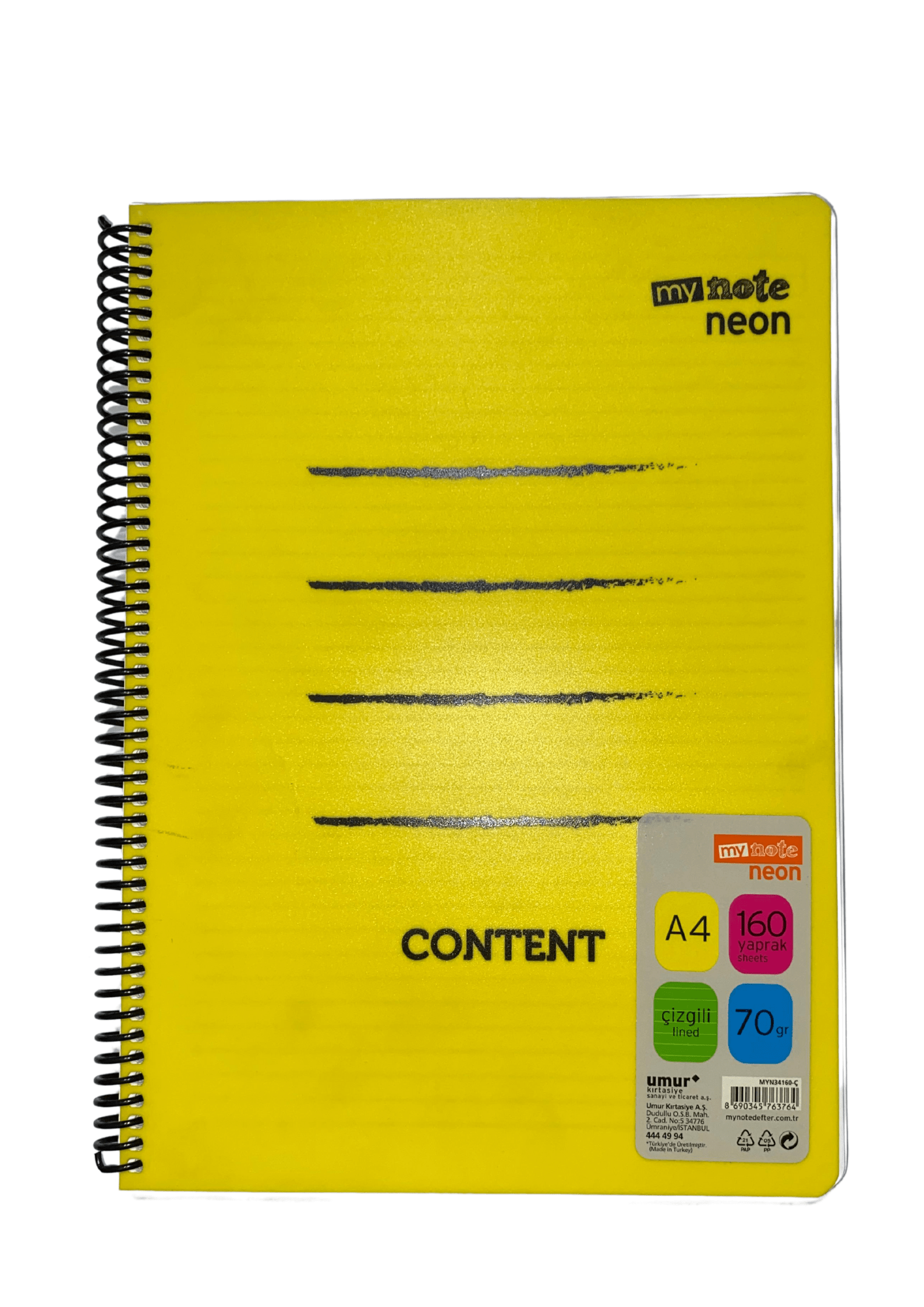 Mynote Neon Defter 160yp A4 Çizgili - Sarı Content