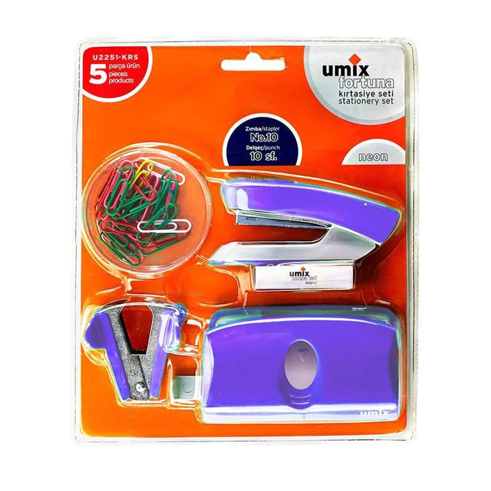 Umix 5 li Zımba Kırtasiye Seti Neon Renk - Mor