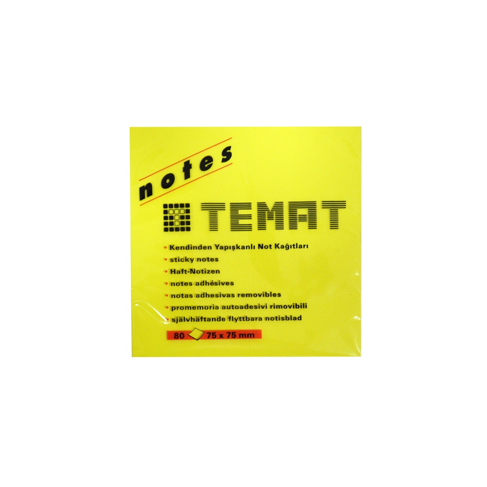 Temat Yapışkanlı Not Kağıdı 75x75mm Sarı 80yp